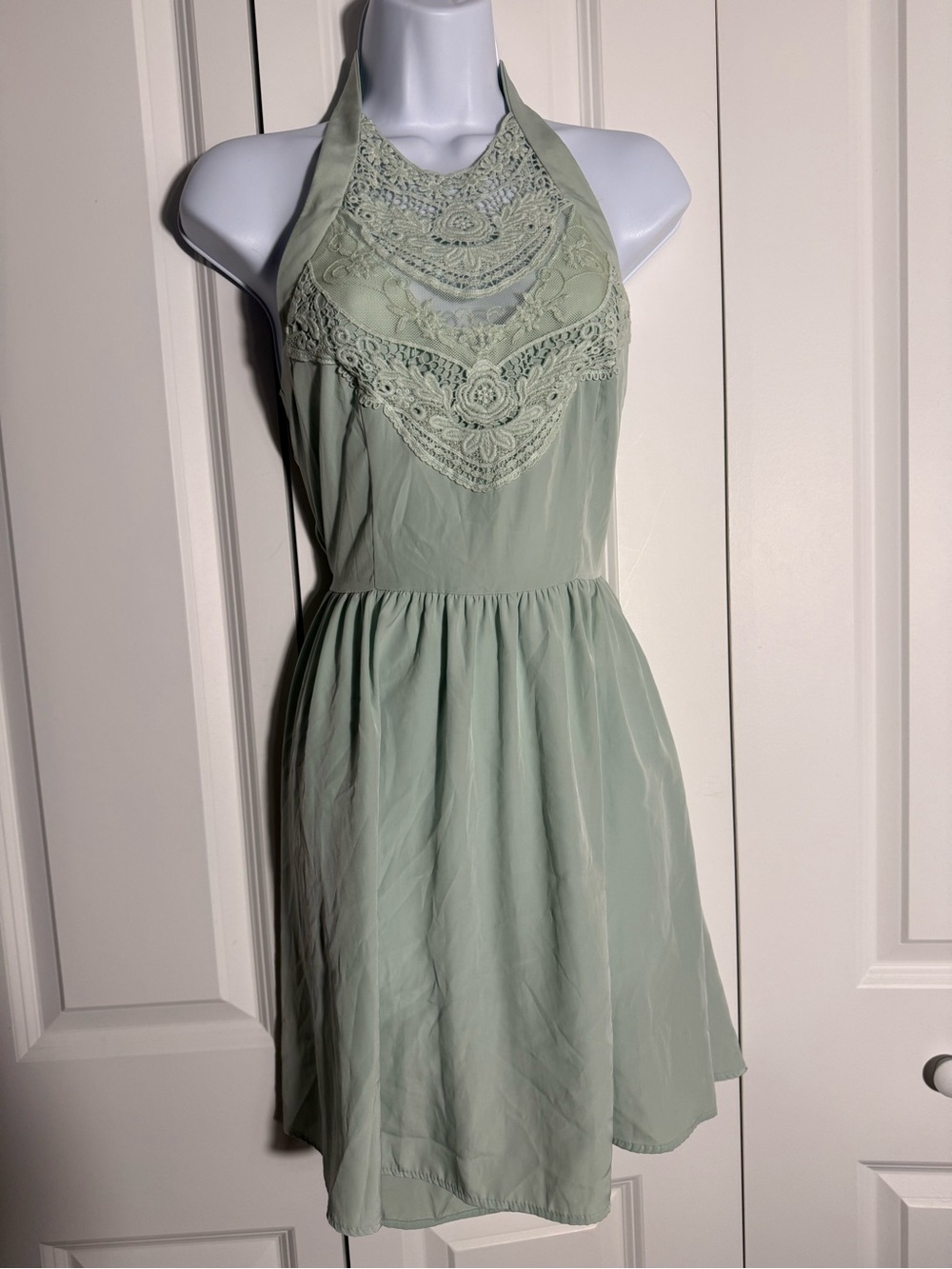 Solemio Mint Green Halter Lace Yoke Dress
